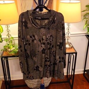 Attitudes by Renee, Jacquard Cowl Neck  tunic w/ pockets, 1XP, color-Smoke